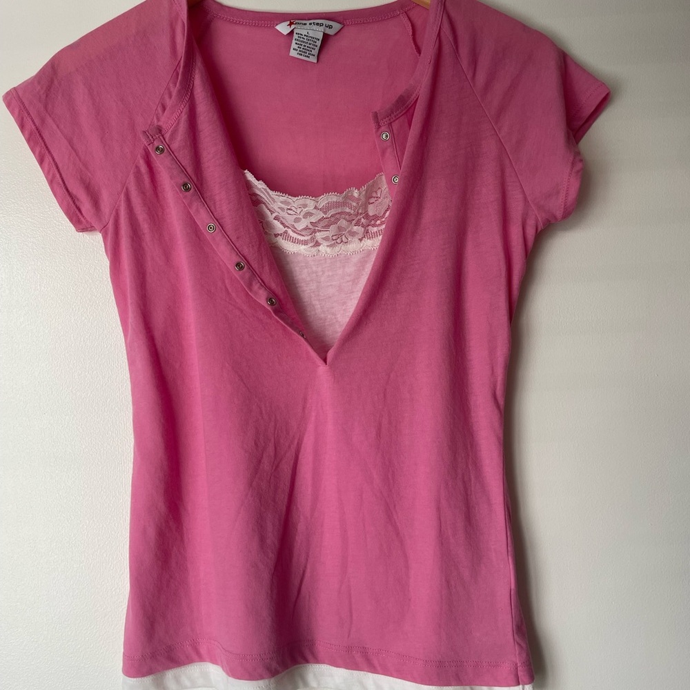 Vintage Women’s Pink Short Sleeve Lace-Trim